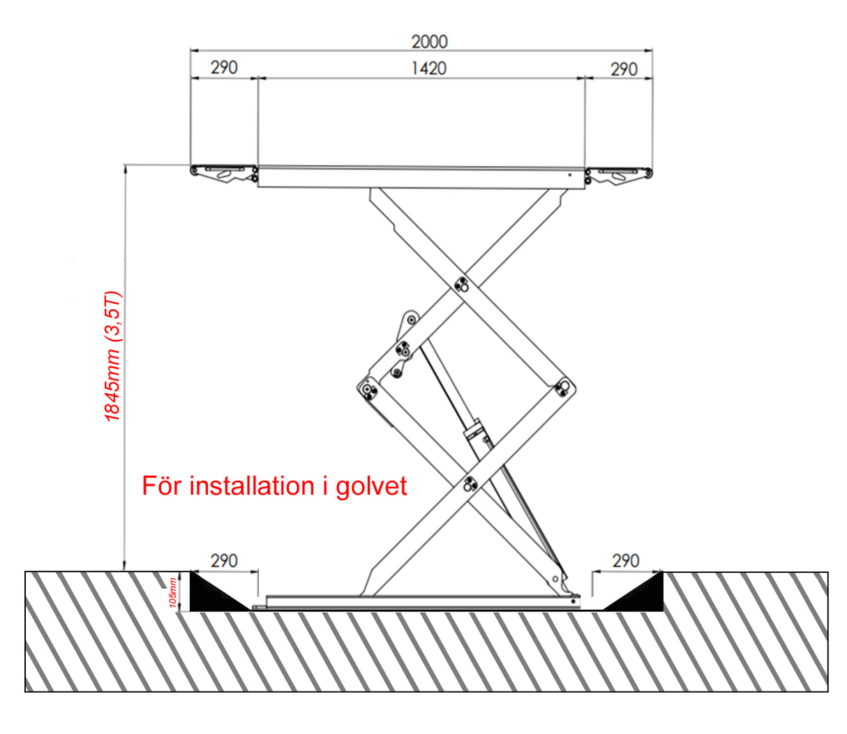 Saxlyft - Lågprofil / Golvmonterad - 3500 kg. - Euro line (JA3500S-E)
